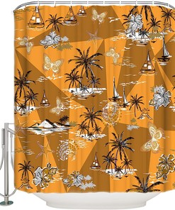 Sailboat and Palm Tree Shower Curtain - Tropical Bathroom Decoration Set with Butter-fly Bath Curtains