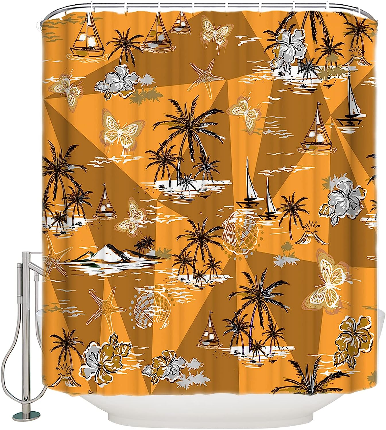 Sailboat and Palm Tree Shower Curtain - Tropical Bathroom Decoration Set with Butter-fly Bath Curtains
