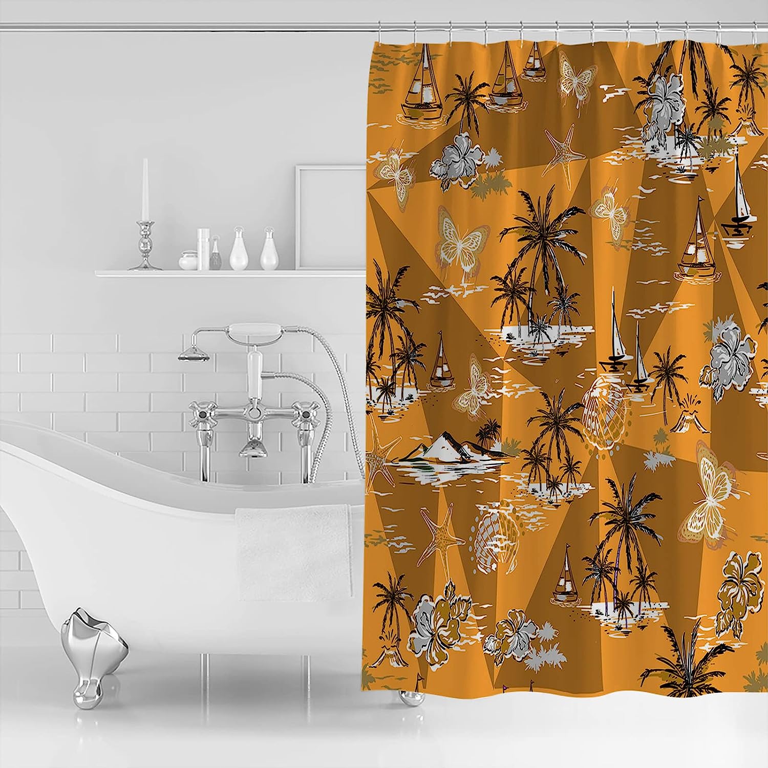 Sailboat and Palm Tree Shower Curtain - Tropical Bathroom Decoration Set with Butter-fly Bath Curtains