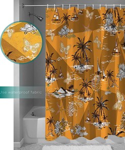 Sailboat and Palm Tree Shower Curtain - Tropical Bathroom Decoration Set with Butter-fly Bath Curtains