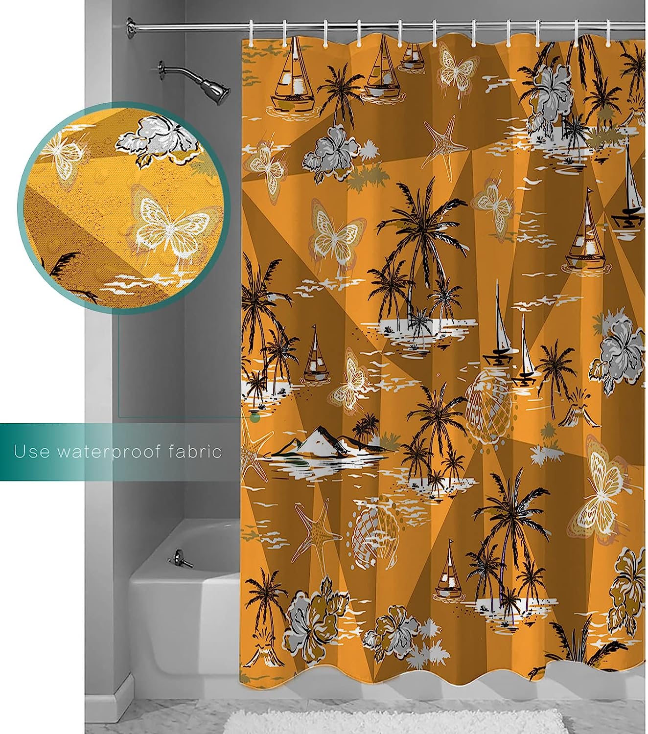 Sailboat and Palm Tree Shower Curtain - Tropical Bathroom Decoration Set with Butter-fly Bath Curtains