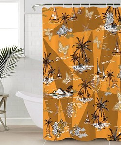 Sailboat and Palm Tree Shower Curtain - Tropical Bathroom Decoration Set with Butter-fly Bath Curtains