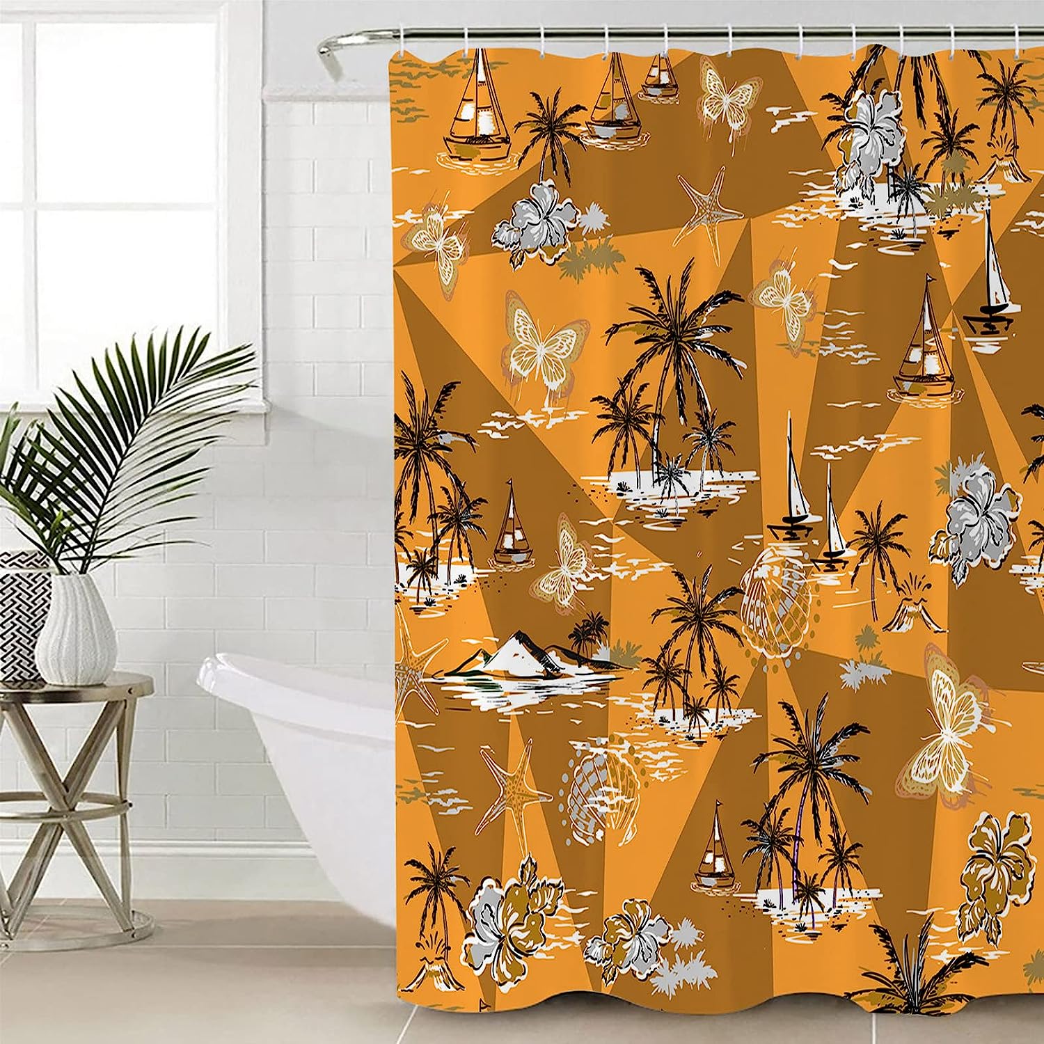 Sailboat and Palm Tree Shower Curtain - Tropical Bathroom Decoration Set with Butter-fly Bath Curtains