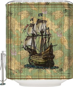 Sailboats And Anchors Retro Navigation Shower Curtain - Ocean Sea Waterproof Bath Curtain For Nautical Bathroom Decor