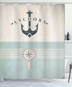 Sailing Coastal Theme Beige Turquoise Anchor On Compass And Stripes Vintage Marine Design Nautical Shower Curtain