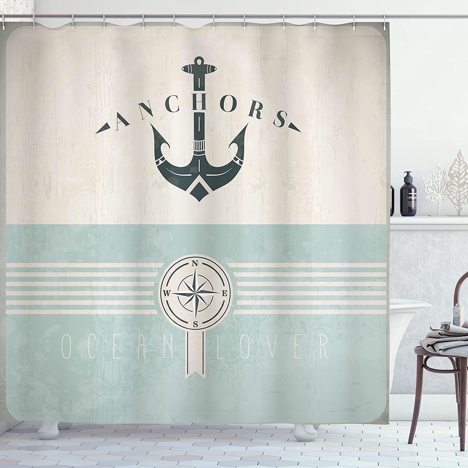 Sailing Coastal Theme Beige Turquoise Anchor On Compass And Stripes Vintage Marine Design Nautical Shower Curtain