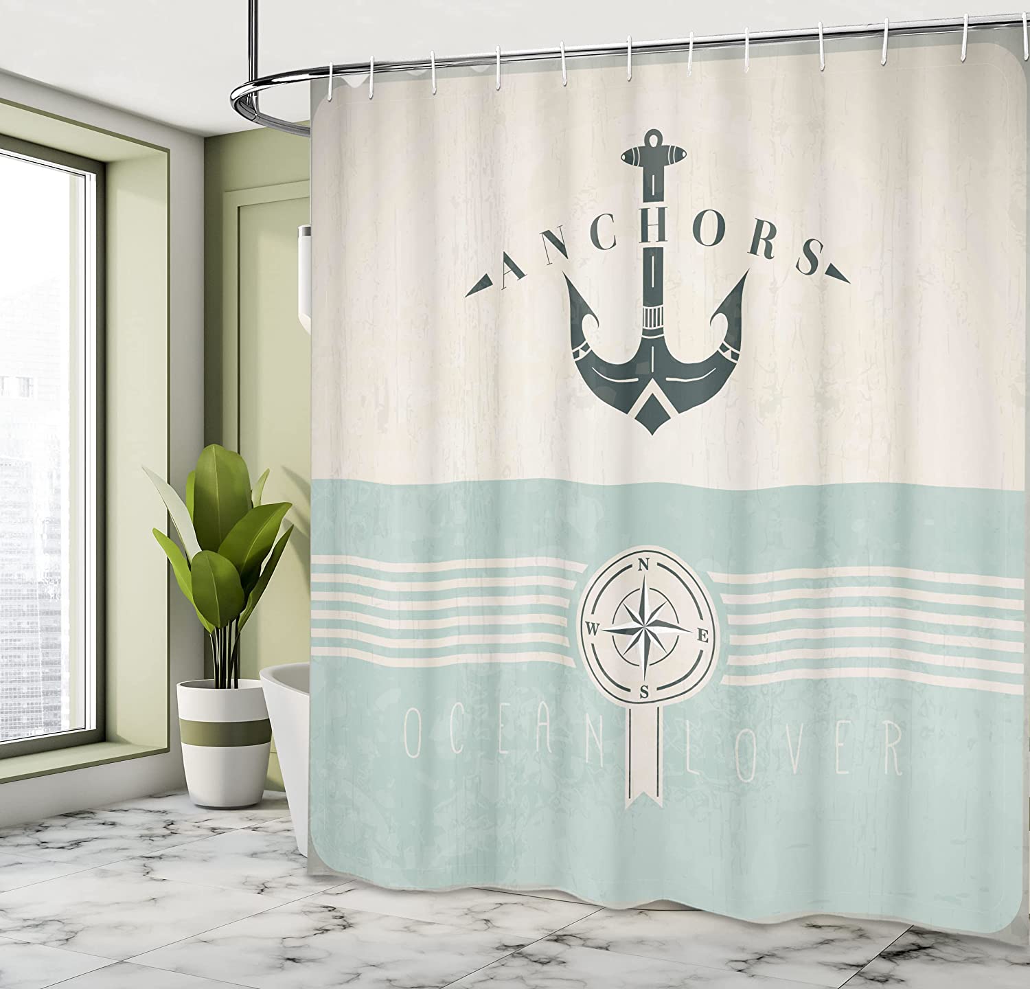 Sailing Coastal Theme Beige Turquoise Anchor On Compass And Stripes Vintage Marine Design Nautical Shower Curtain - Image 2