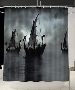 Sailing Dragon Ship Shower Curtain with Norse Decor Vikings Ship Design, Black and White Fantasy Boat Art for Bathroom