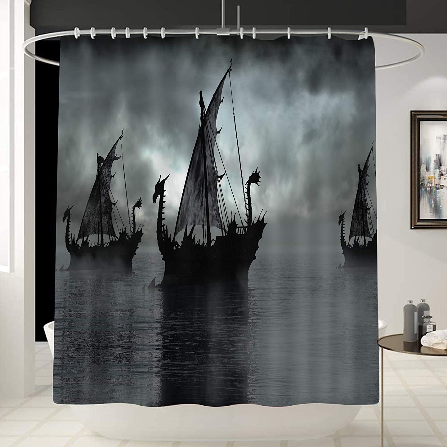 Sailing Dragon Ship Shower Curtain with Norse Decor Vikings Ship Design, Black and White Fantasy Boat Art for Bathroom