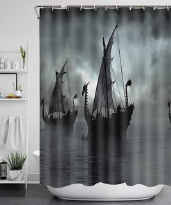 Sailing Dragon Ship Shower Curtain with Norse Decor Vikings Ship Design, Black and White Fantasy Boat Art for Bathroom