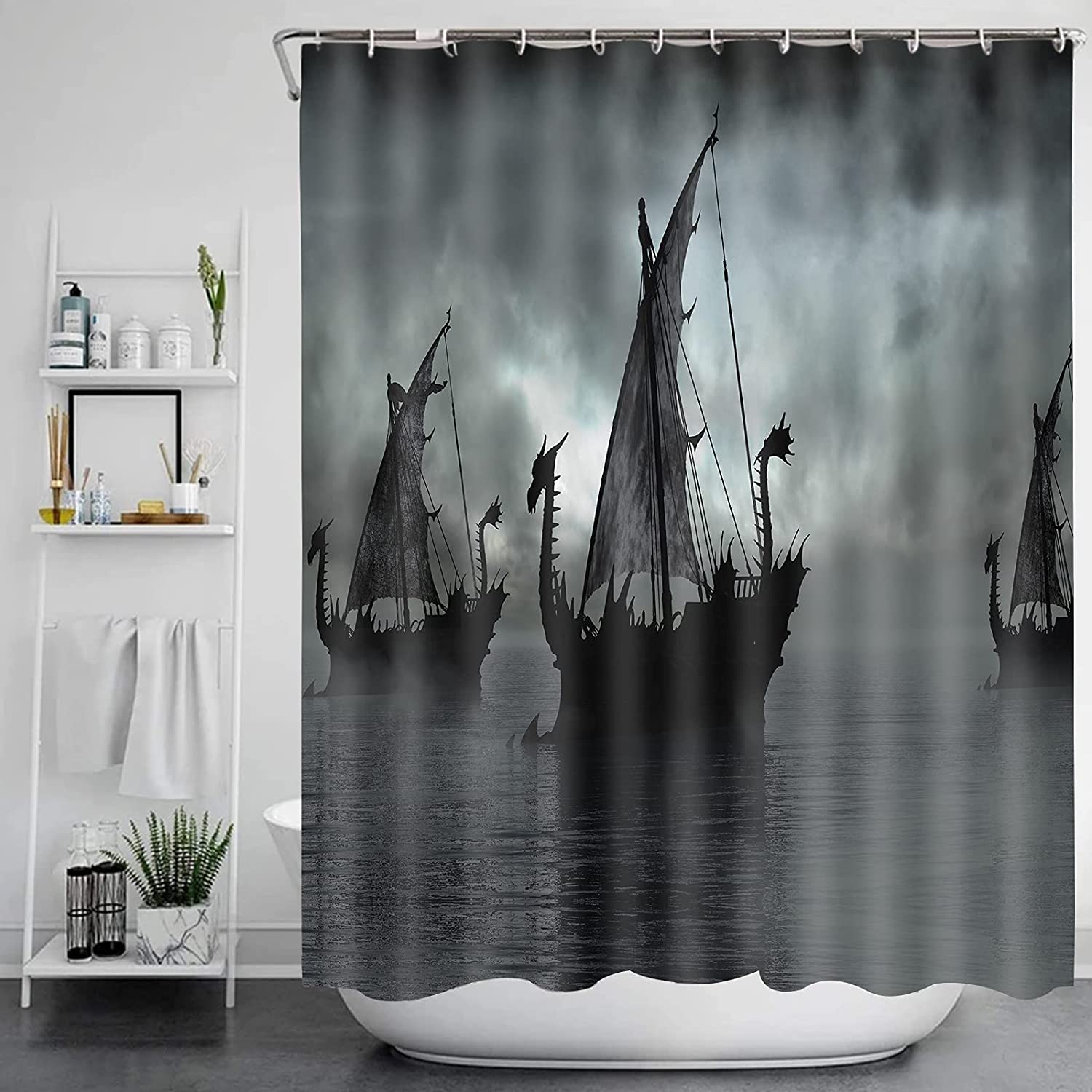 Sailing Dragon Ship Shower Curtain with Norse Decor Vikings Ship Design, Black and White Fantasy Boat Art for Bathroom