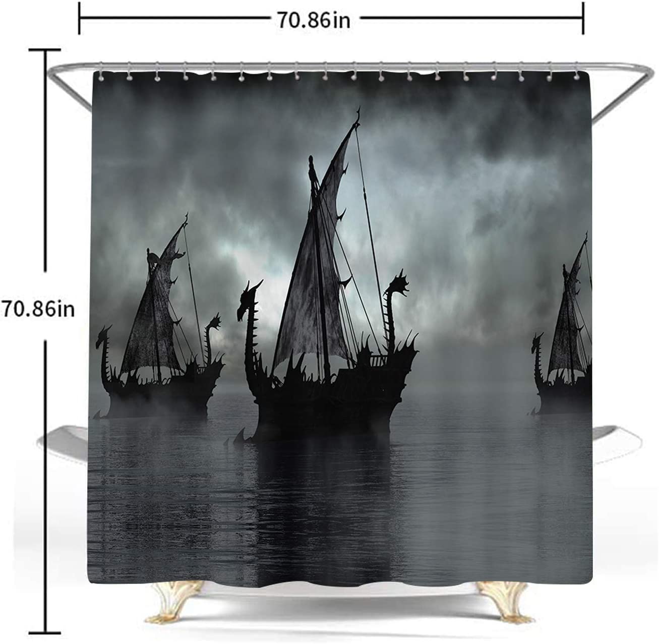 Sailing Dragon Ship Shower Curtain with Norse Decor Vikings Ship Design, Black and White Fantasy Boat Art for Bathroom