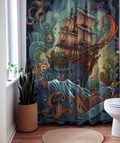 Sailing Dream Nautical Shower Curtain, Ocean Octopus and Sailboat Themed Bathroom Decor