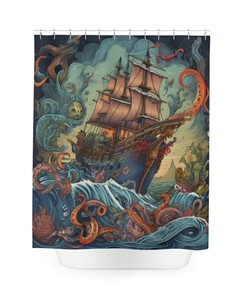 Sailing Dream Nautical Shower Curtain, Ocean Octopus and Sailboat Themed Bathroom Decor
