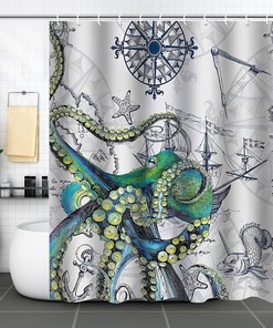 Sailing Lighthouse and Boat Octopus Shower Curtain with Ocean Theme - Bathroom Decor