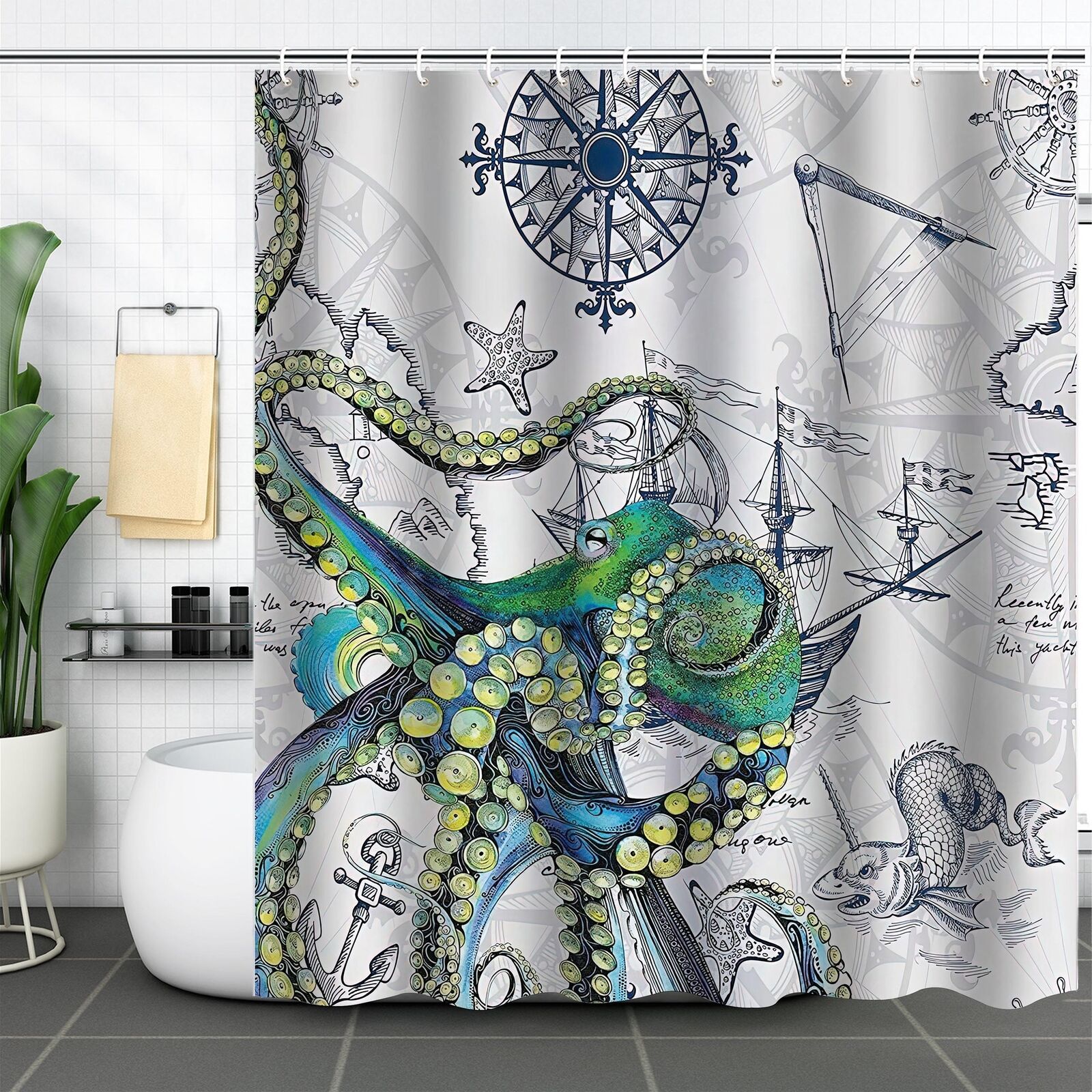 Sailing Lighthouse and Boat Octopus Shower Curtain with Ocean Theme - Bathroom Decor