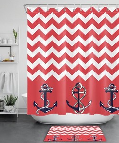 Sailor Anchors Red White Wave Striped Waterproof Shower Curtain With Nautical Print