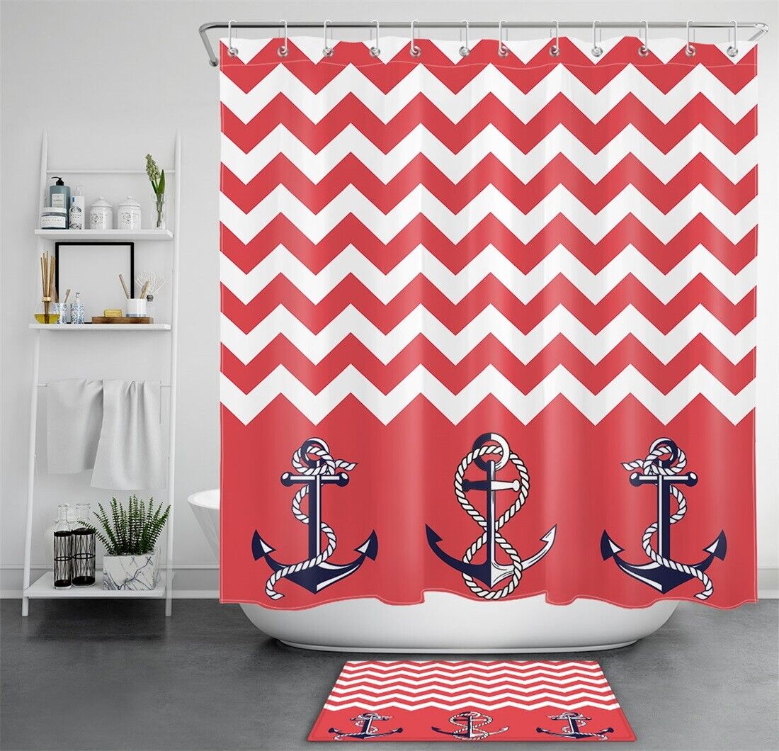 Sailor Anchors Red White Wave Striped Waterproof Shower Curtain With Nautical Print