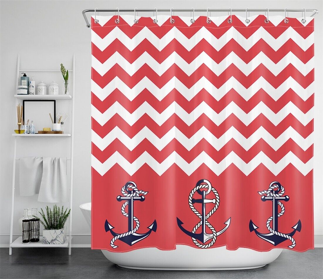 Sailor Anchors Red White Wave Striped Waterproof Shower Curtain With Nautical Print - Image 2