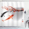Sakura Cherry Blossom Koi Fish Shower Curtain | Japanese Culture Design | Cloth Fabric Bathroom Decor (Orange Grey)