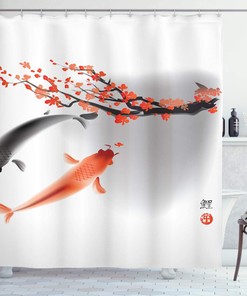 Sakura Cherry Blossom Koi Fish Shower Curtain | Japanese Culture Design | Cloth Fabric Bathroom Decor (Orange Grey)