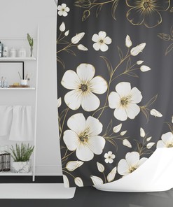 Sakura Japanese Cherry Blossom Art Floral Shower Curtain, Designer Botanical Bathroom Decor With Gold And Gray Tones