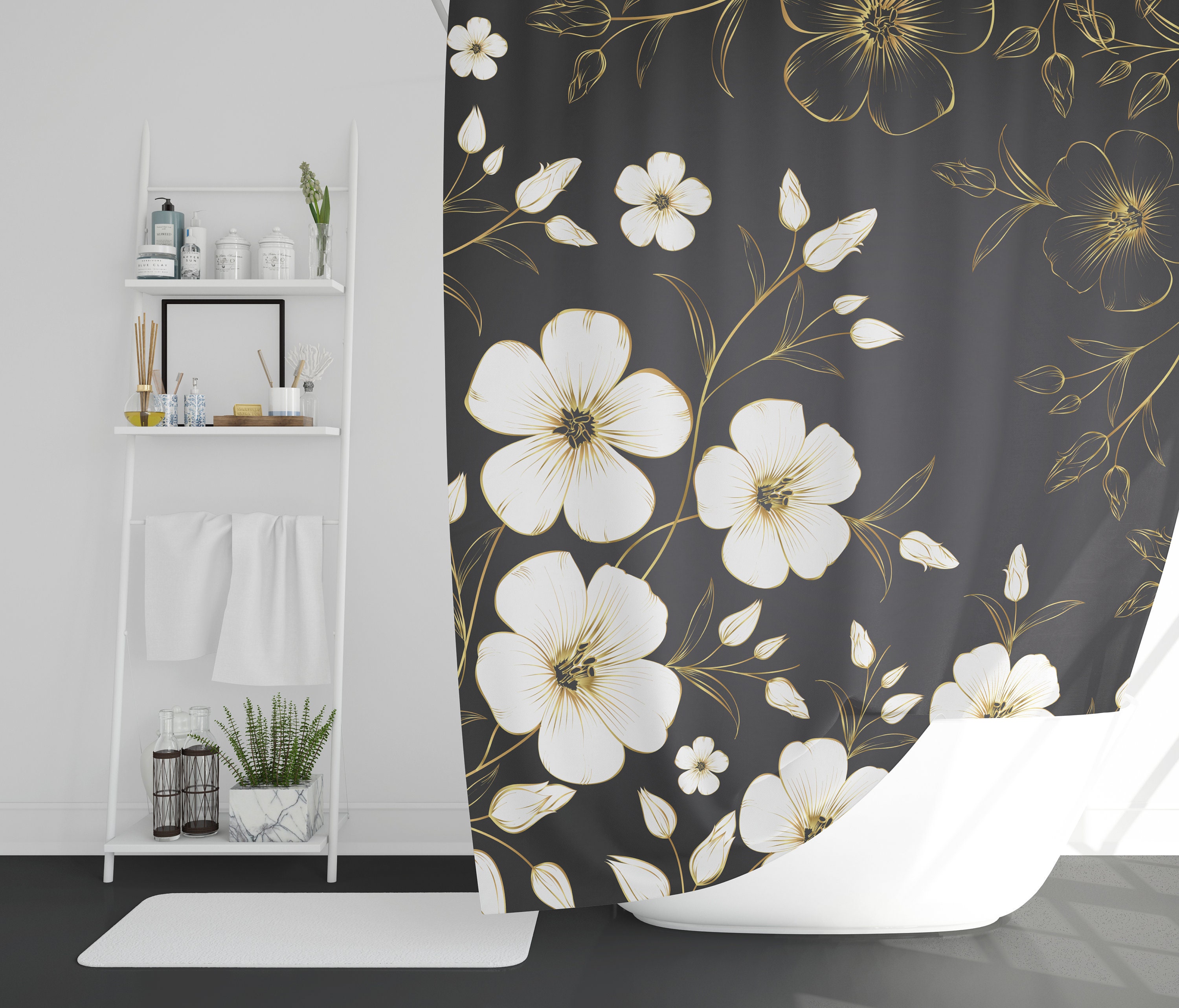 Sakura Japanese Cherry Blossom Art Floral Shower Curtain, Designer Botanical Bathroom Decor With Gold And Gray Tones