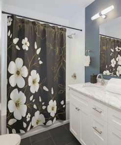Sakura Japanese Cherry Blossom Art Floral Shower Curtain, Designer Botanical Bathroom Decor With Gold And Gray Tones