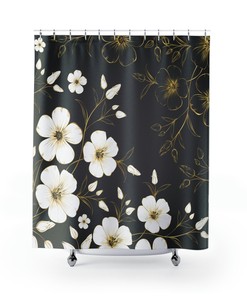 Sakura Japanese Cherry Blossom Art Floral Shower Curtain, Designer Botanical Bathroom Decor With Gold And Gray Tones