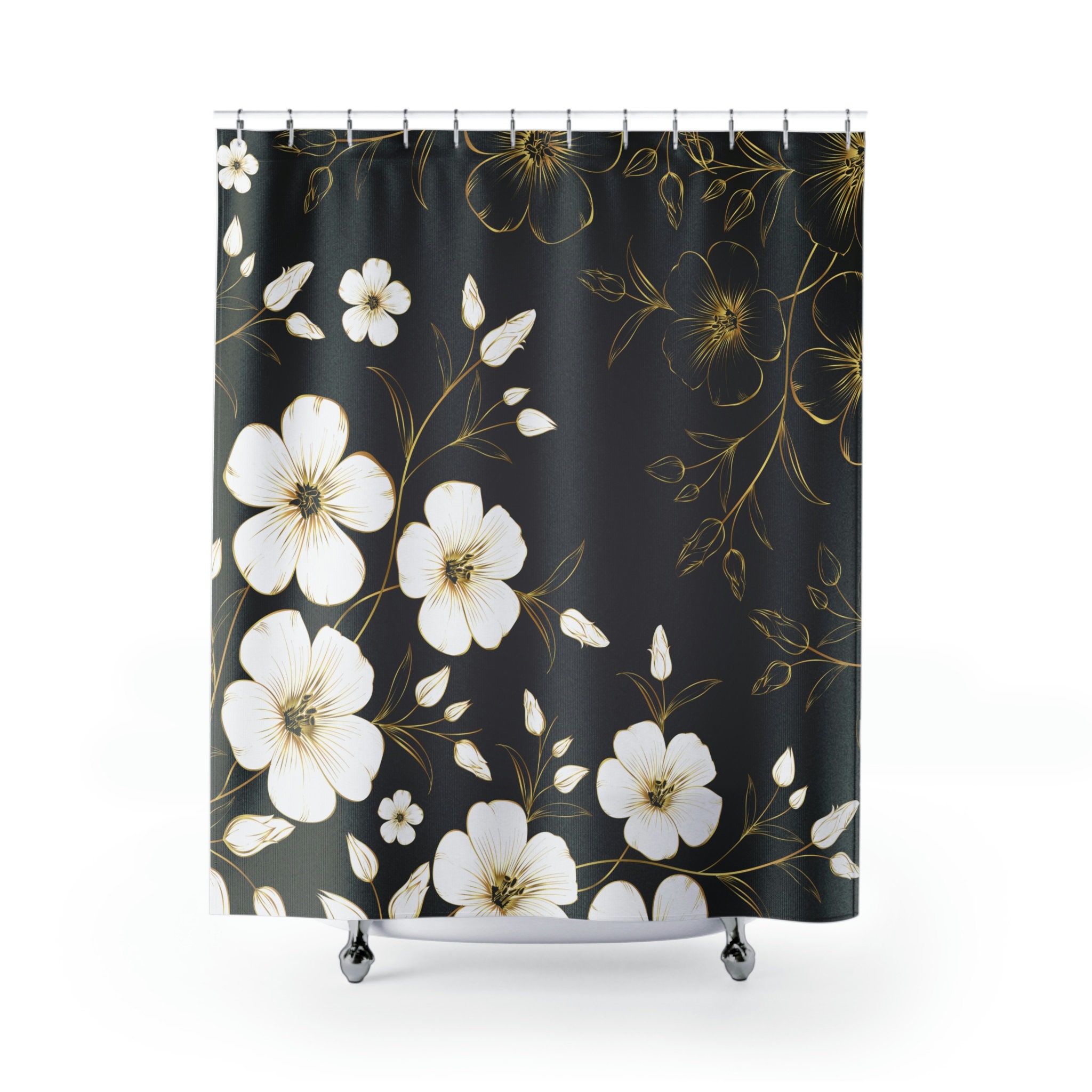 Sakura Japanese Cherry Blossom Art Floral Shower Curtain, Designer Botanical Bathroom Decor With Gold And Gray Tones