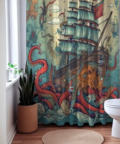 Salty Siege Octopus Sea Creature Shower Curtain, perfect Housewarming Gift with Sailboat Theme