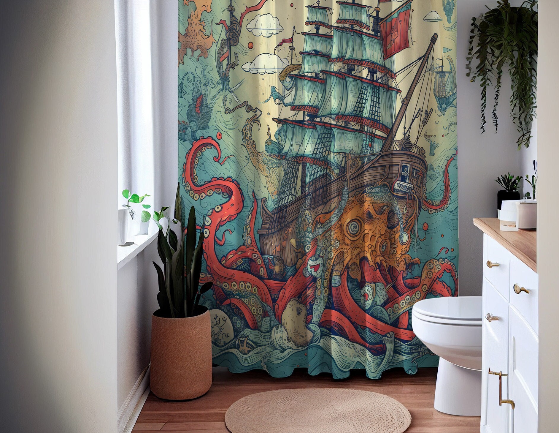 Salty Siege Octopus Sea Creature Shower Curtain, perfect Housewarming Gift with Sailboat Theme