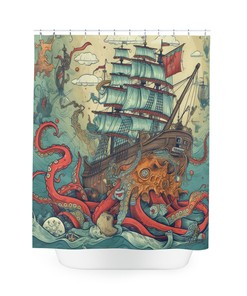 Salty Siege Octopus Sea Creature Shower Curtain, perfect Housewarming Gift with Sailboat Theme