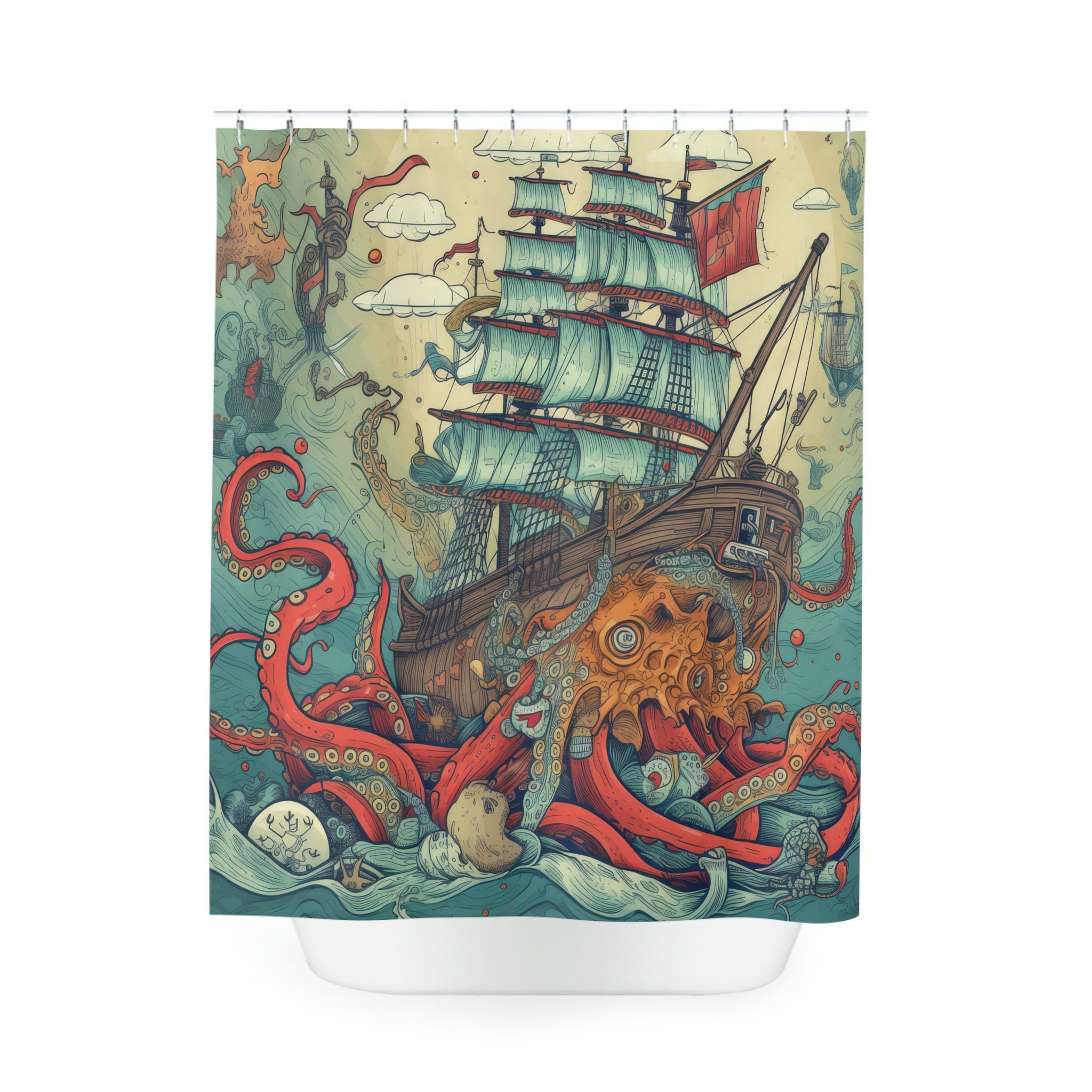 Salty Siege Octopus Sea Creature Shower Curtain, perfect Housewarming Gift with Sailboat Theme