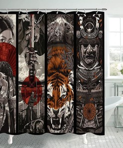 Samurai and Geisha Girl Tiger Mount Fuji Art Japanese Ukiyo-e Shower Curtain for Bathroom Decor