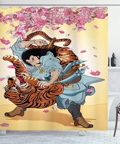 Samurai and Tiger Print Japanese Shower Curtain for Bathroom Decor
