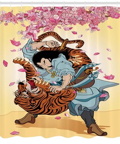 Samurai and Tiger Print Japanese Shower Curtain for Bathroom Decor