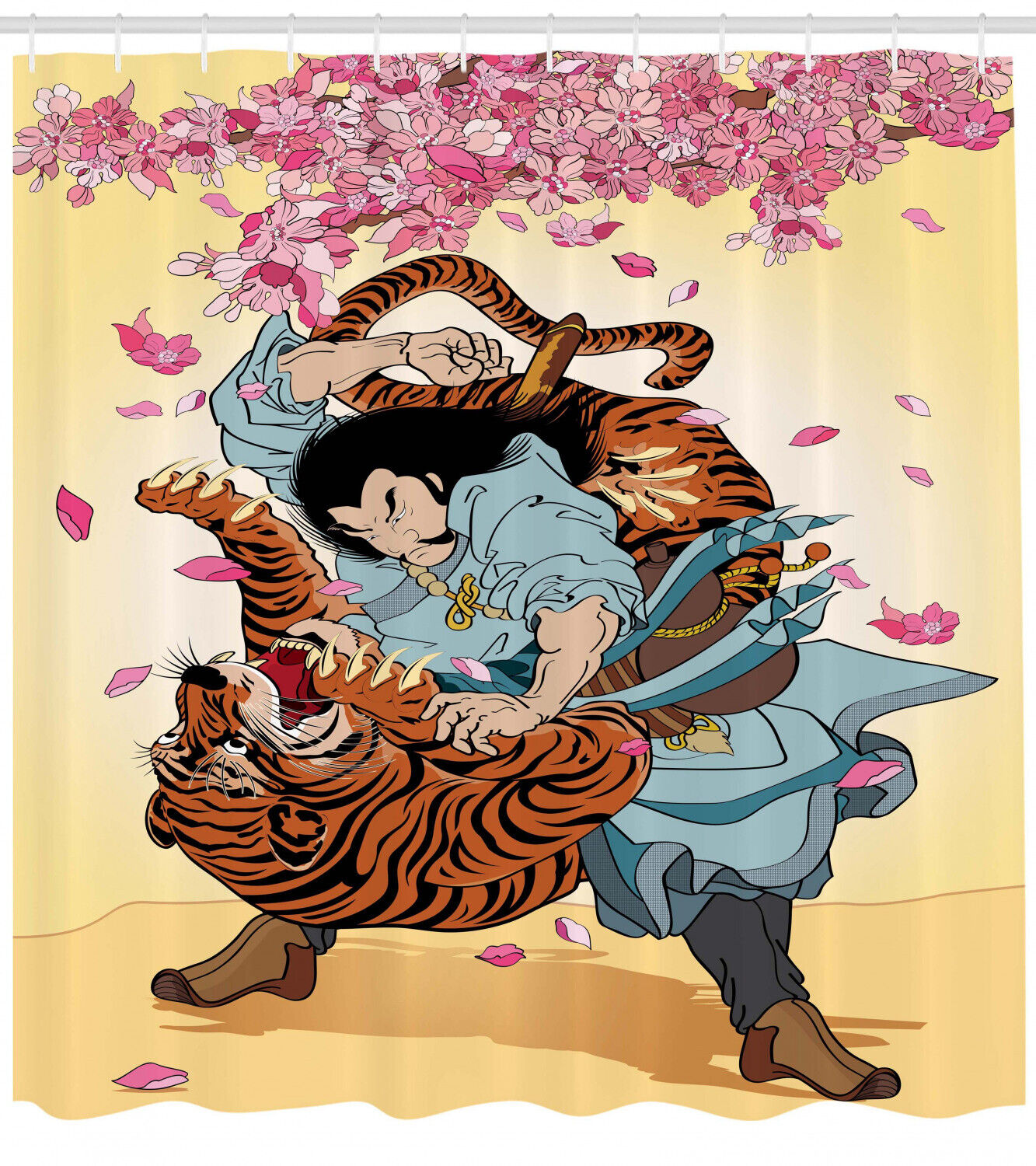 Samurai and Tiger Print Japanese Shower Curtain for Bathroom Decor