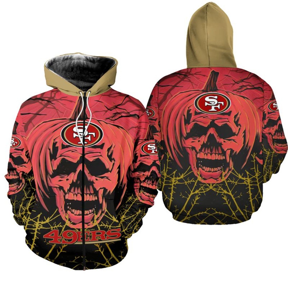 San Francisco 49Ers Halloween Pumpkin Skull Print All Over Print Zip Up Hoodie