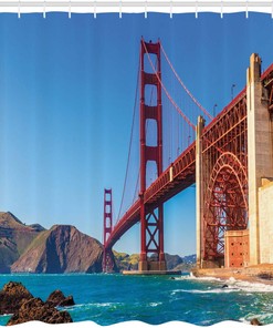 San Francisco Golden Gate Bridge Travel Shower Curtain, Cloth Fabric Bathroom Decor with Marshall Beach Shore