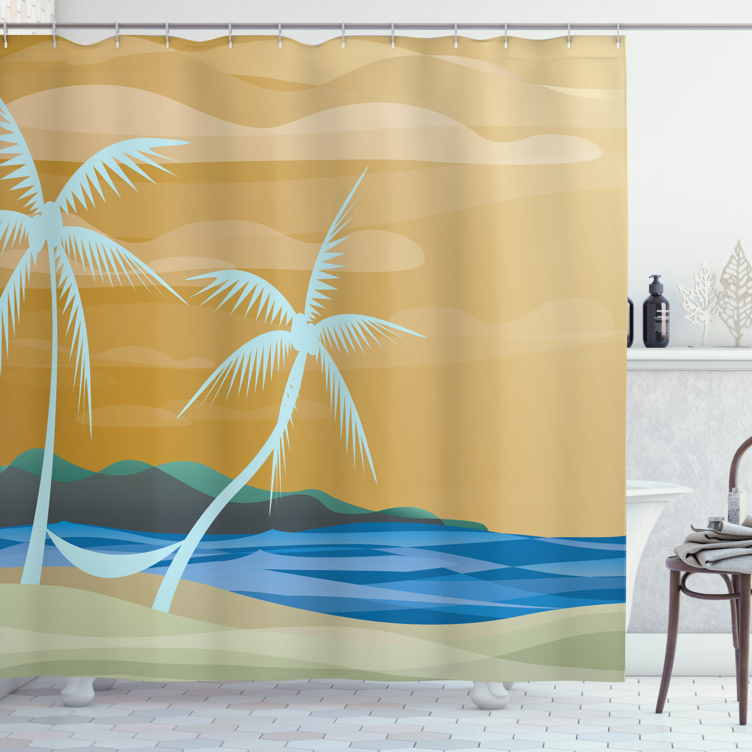 Sandy Beach Relax Print Shower Curtain for a Sandy Bathroom