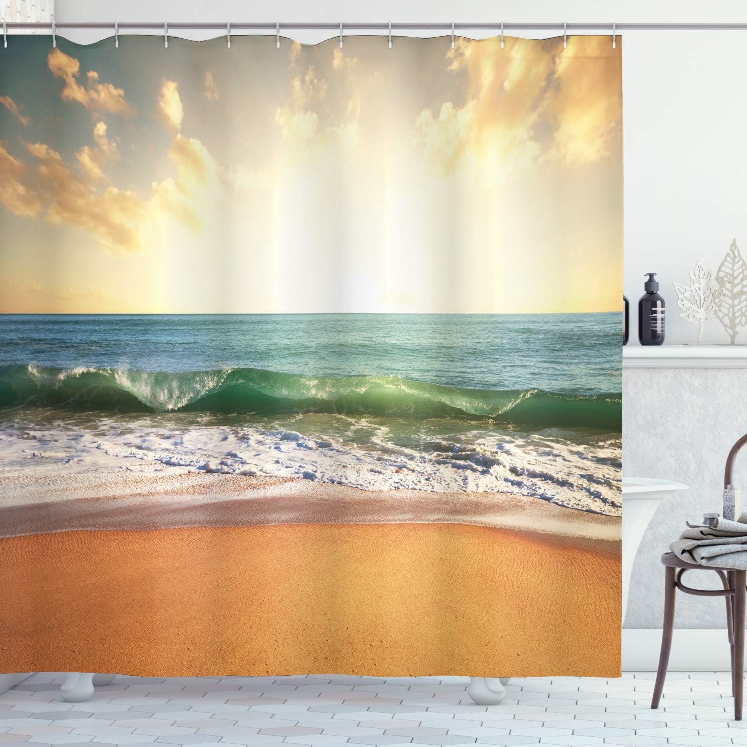 Sandy Beach Shower Curtain, Small Wave And Bubbles Print, Cloth Bathroom Decor