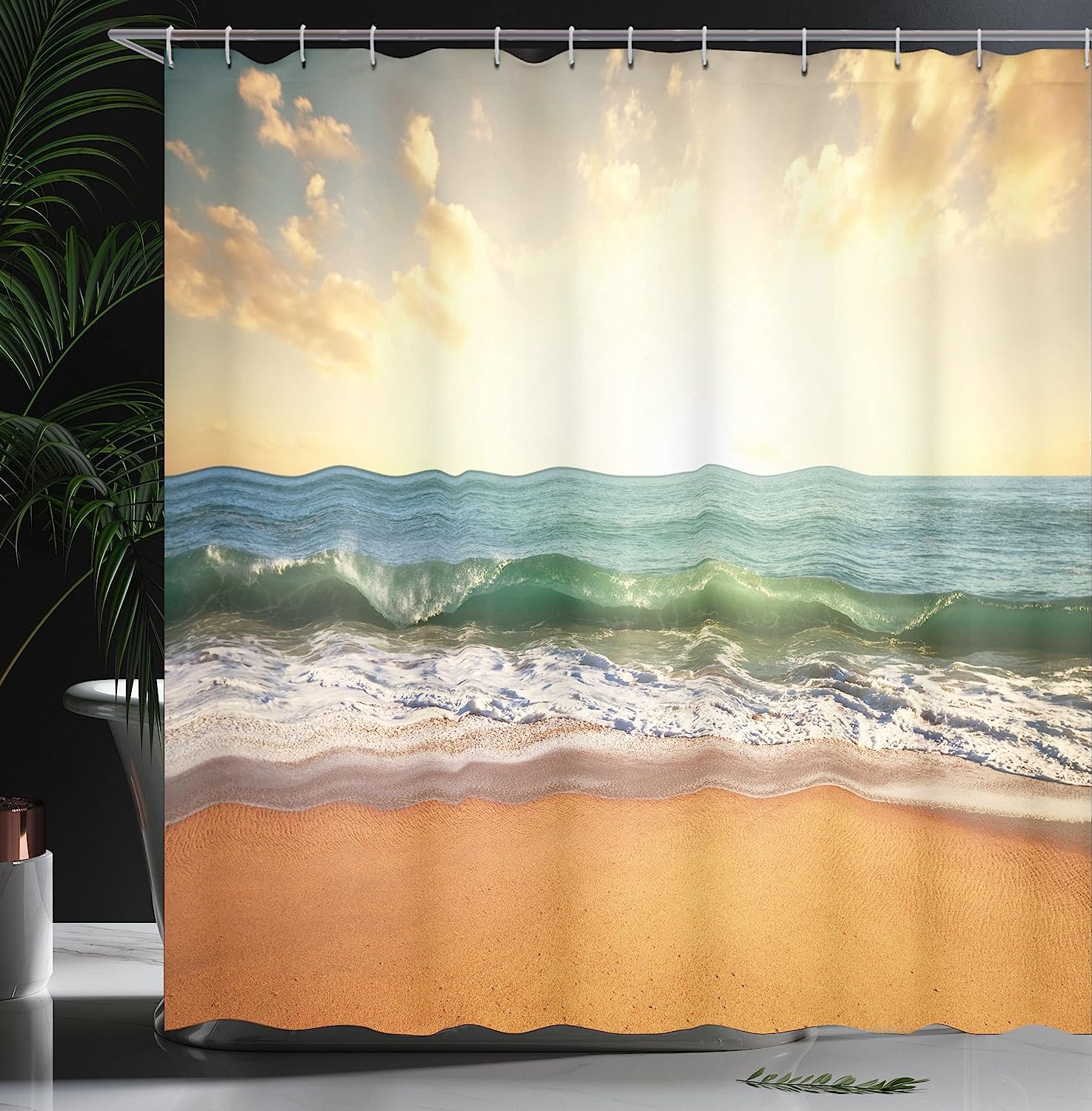 Sandy Beach Shower Curtain, Small Wave And Bubbles Print, Cloth Bathroom Decor - Image 3