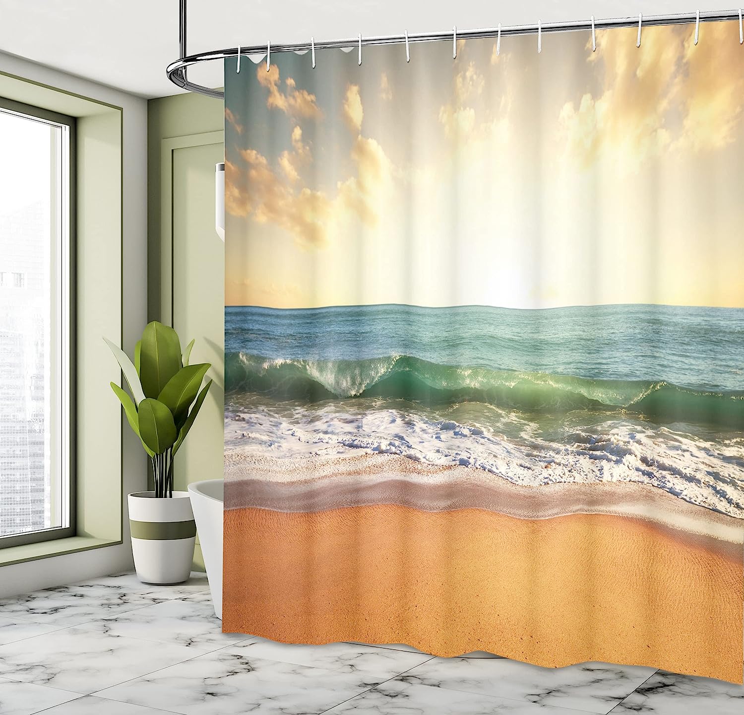 Sandy Beach Shower Curtain, Small Wave And Bubbles Print, Cloth Bathroom Decor - Image 4