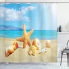 Sandy Beach Shower Curtain With Seashell And Starfish Print For A Coastal Bathroom Theme