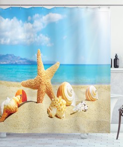 Sandy Beach Shower Curtain With Seashell And Starfish Print For A Coastal Bathroom Theme