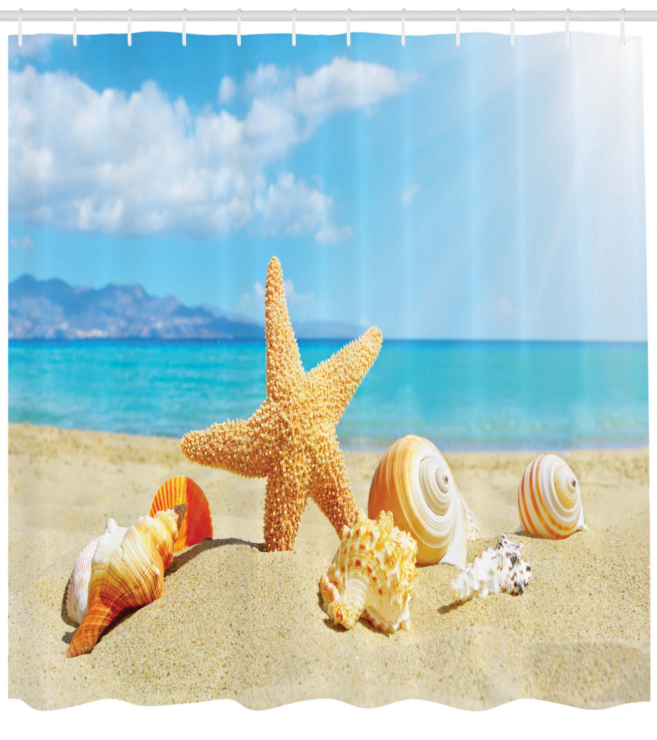 Sandy Beach Shower Curtain With Seashell And Starfish Print For A Coastal Bathroom Theme - Image 2