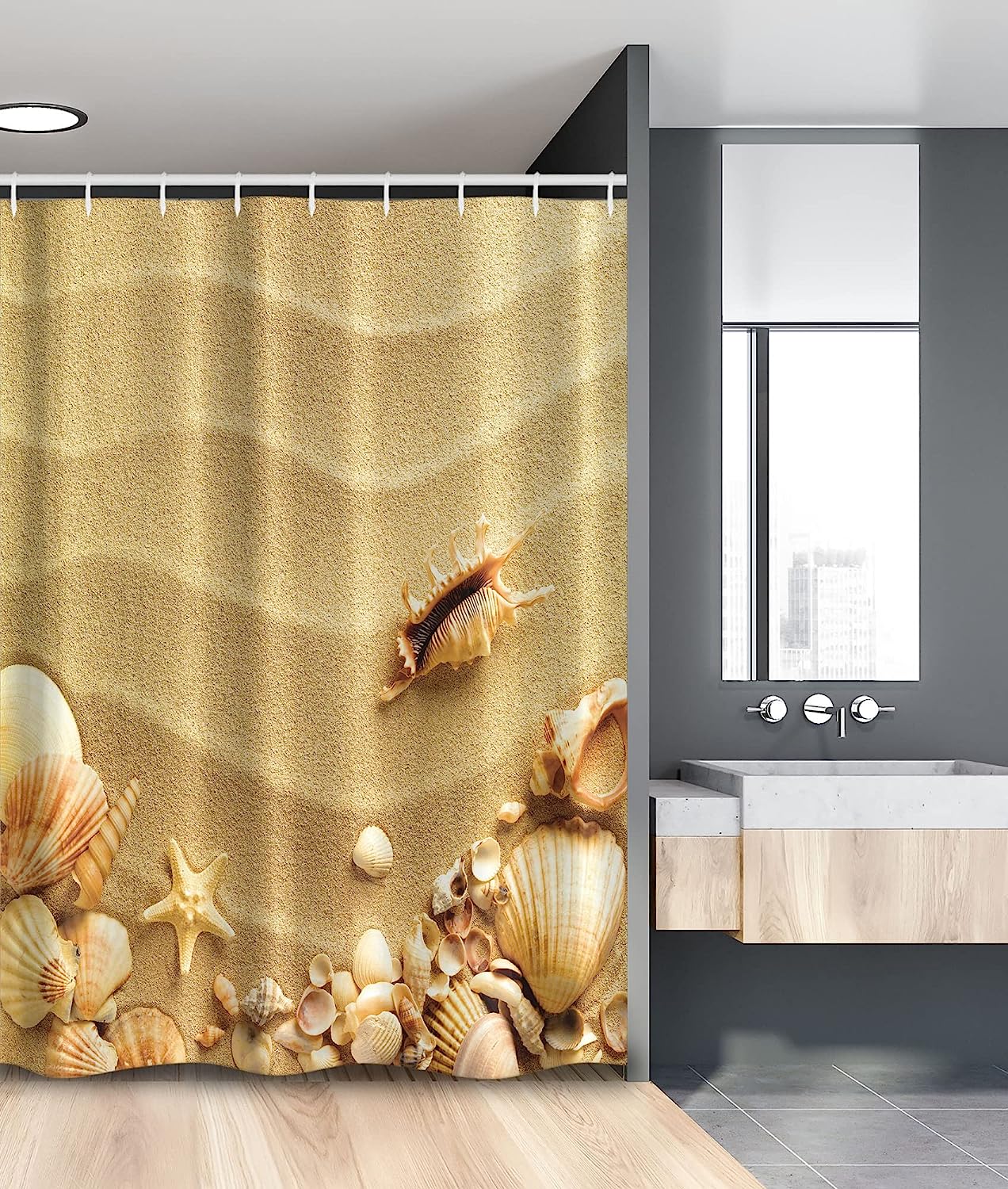 Sandy Beach Starfish Seashells Stall Shower Curtain