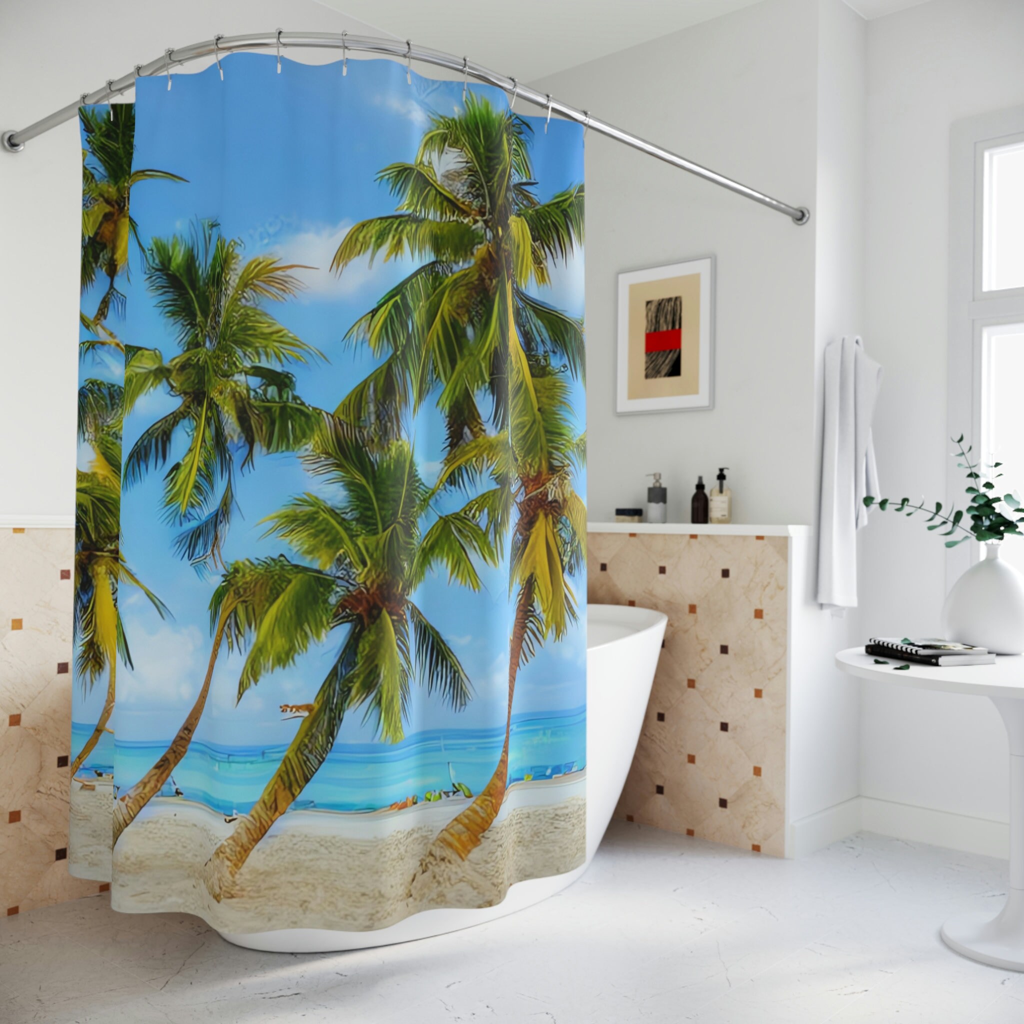 Sandy Beach Sunset Shower Curtain For A Serene Bathroom Atmosphere