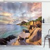 Sandy Beach Sunset Shower Curtain with Palm Leaves for Coastal Bathroom Decor